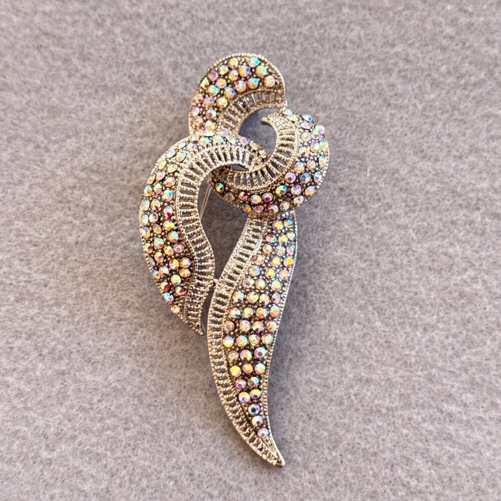 Brooch Ribbon Aurora Borealis Rhinestones Silver Tone Heavy Bling Sparkle - Picture 3 of 7